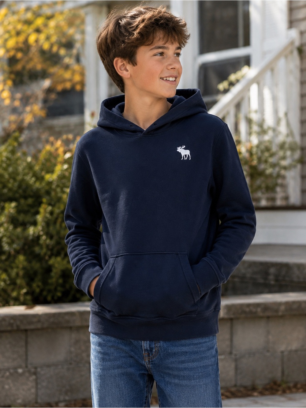 Abercrombie Kids Navy Blue Moose Logo Pullover Hoodie Size 13/14